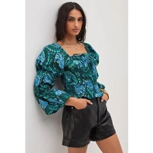 ANTHROPOLOGIE Blue Motif Tiered Poplin Blouse SMALL